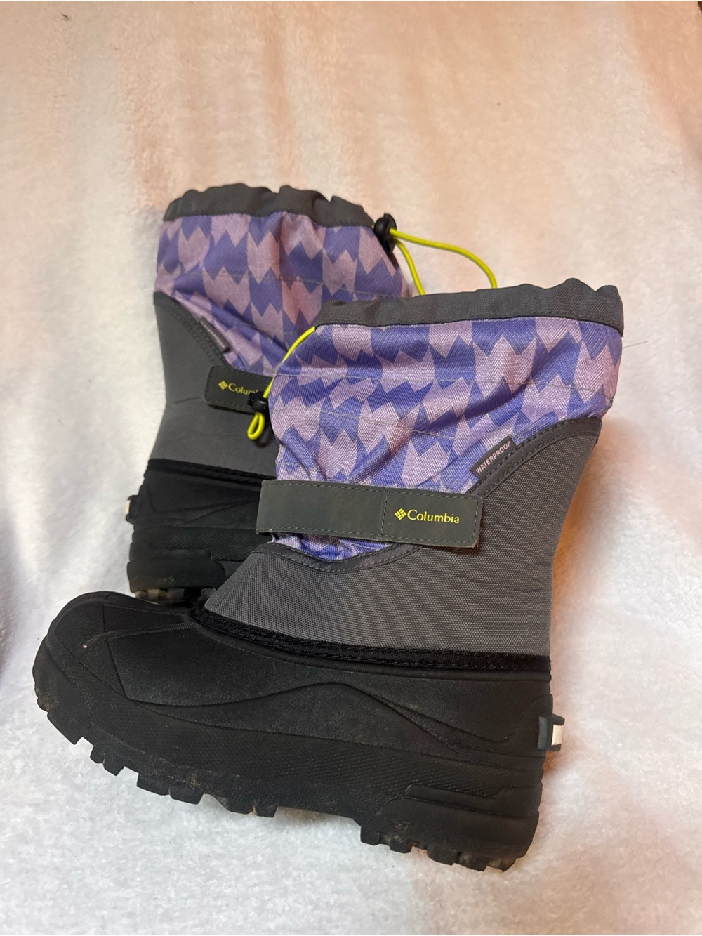 Columbia Kids Purple and Gray Winter Snow Boots with Neon Yellow Accents